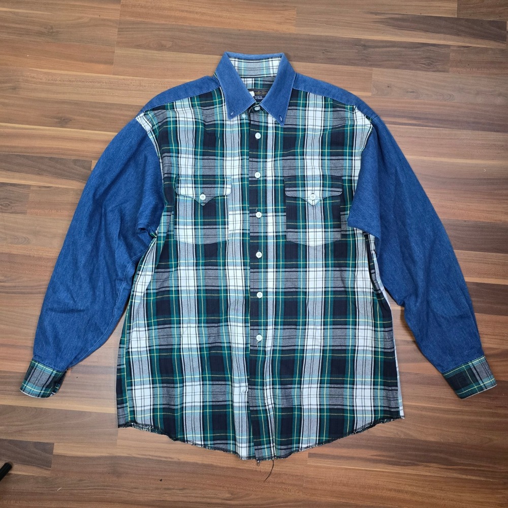 Vintage Panhandle Slim Men's Plaid Denim Yoke Western Shirt Size M/L Made in USA